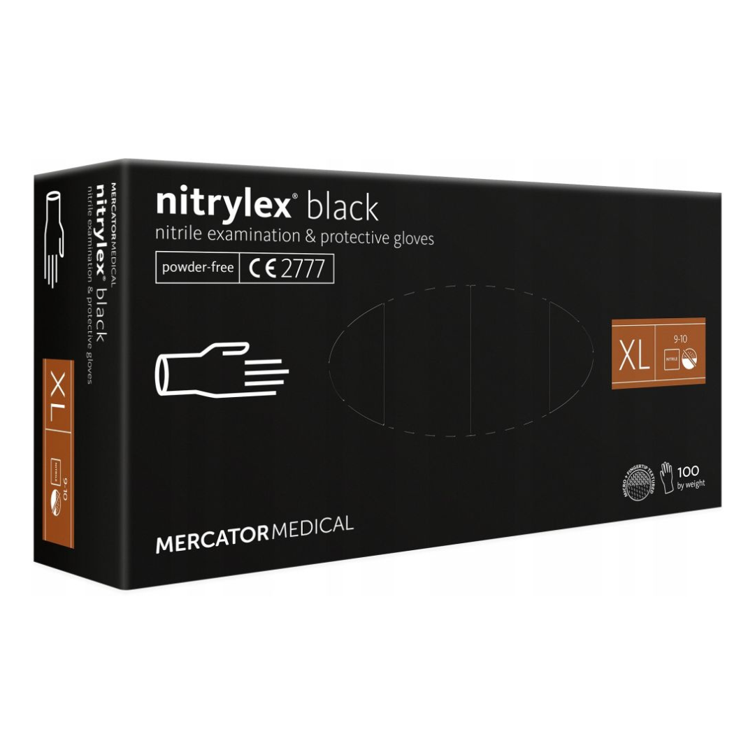 Nitrylex PF Одноразовые нитриловые перчатки, без напыления XL, Чёрные 100 шт. (Польша)